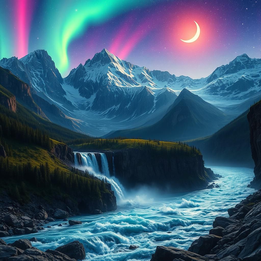 mountains illuminated by aurora and moon