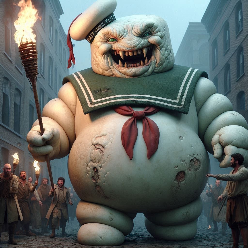 Zombie orc Stay-Puft Marshmallow Man terrorizes the village