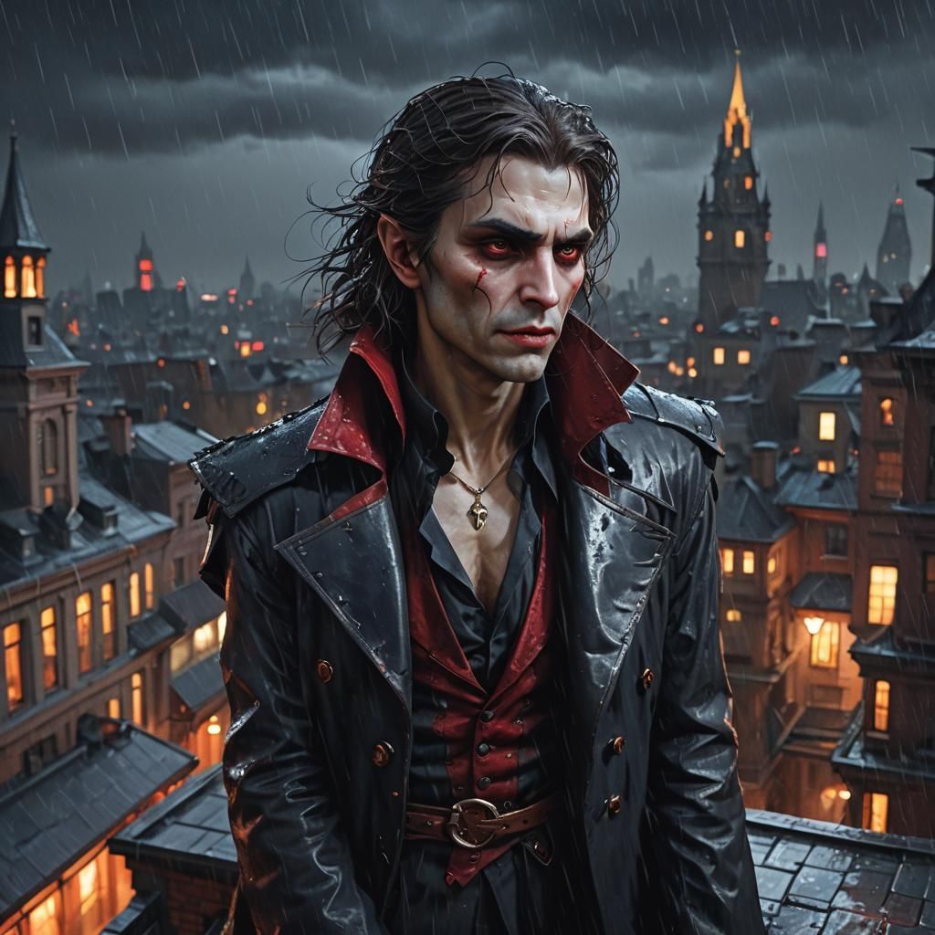A vampire on a rooftop on a rainy night