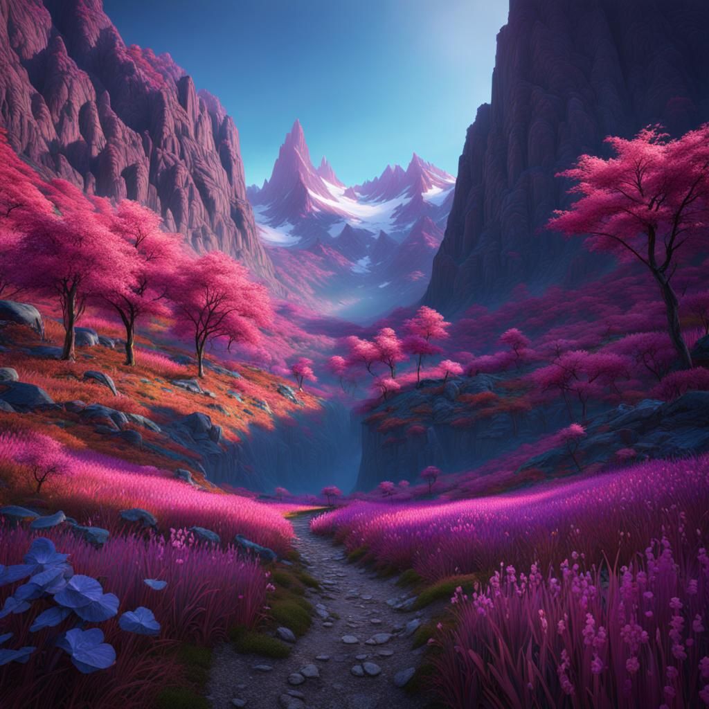 eine landschaft mit bergen und den farben lila rosa und blau