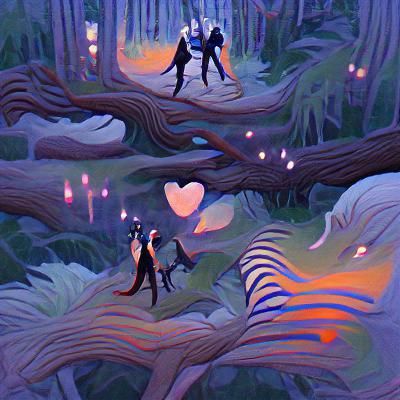 Finding each other in a fantasy forest at twilight