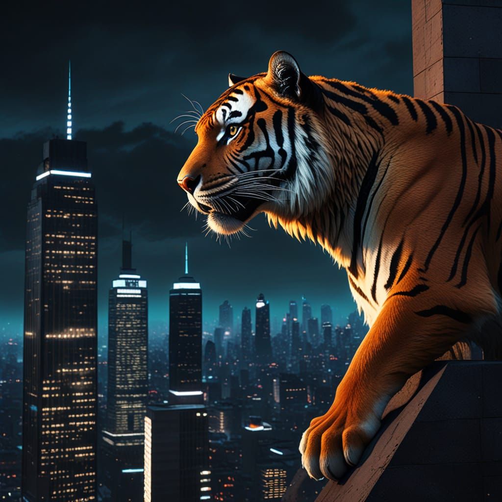 Cyberpunk Tiger Ascends Neon City Skyscrapers