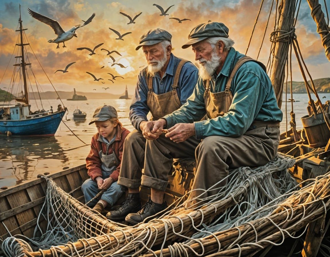 Old fisherman in Cornwall mending meshes in nets.  by @Eldorado