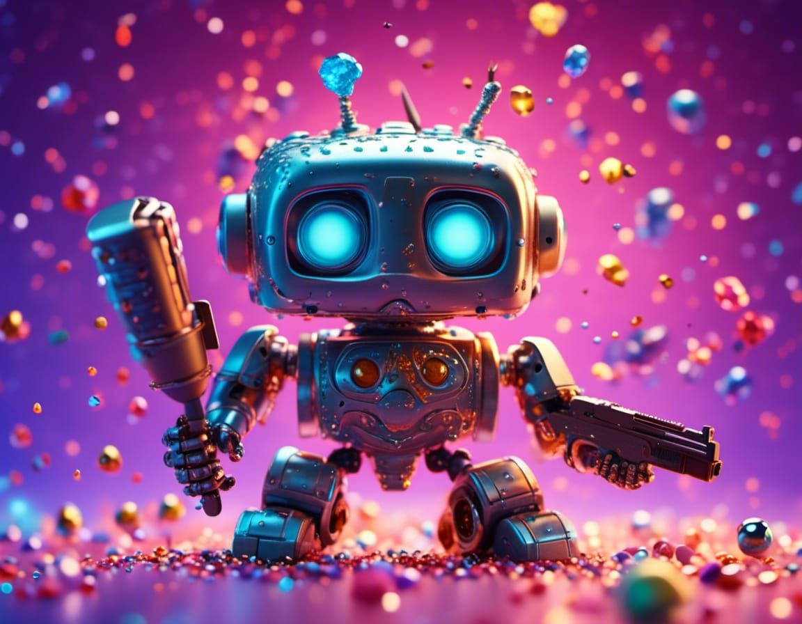 Cute little robot toy, shooting a small toy gun, bling with crushed ...