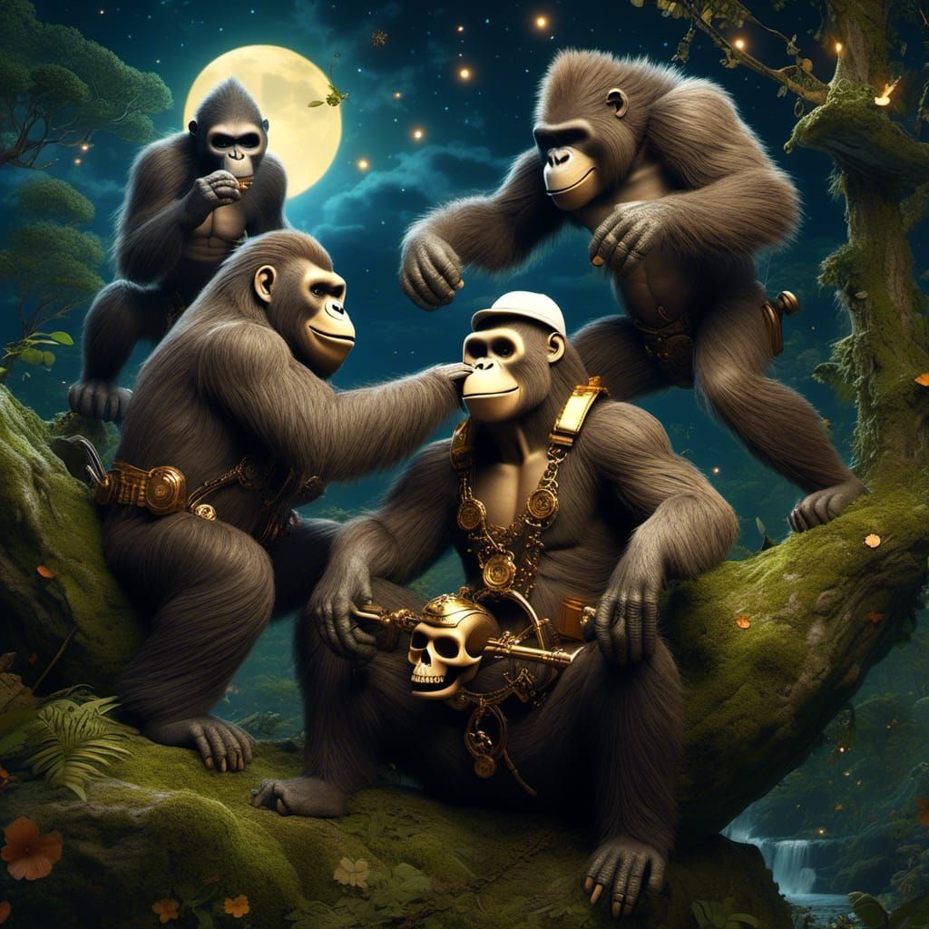 <lora:Skellyverse:1.0> "A Van Gogh masterpiece in the style of Starry Night, capturing a laughing gorilla family in a dynamic scene. Grandpa...