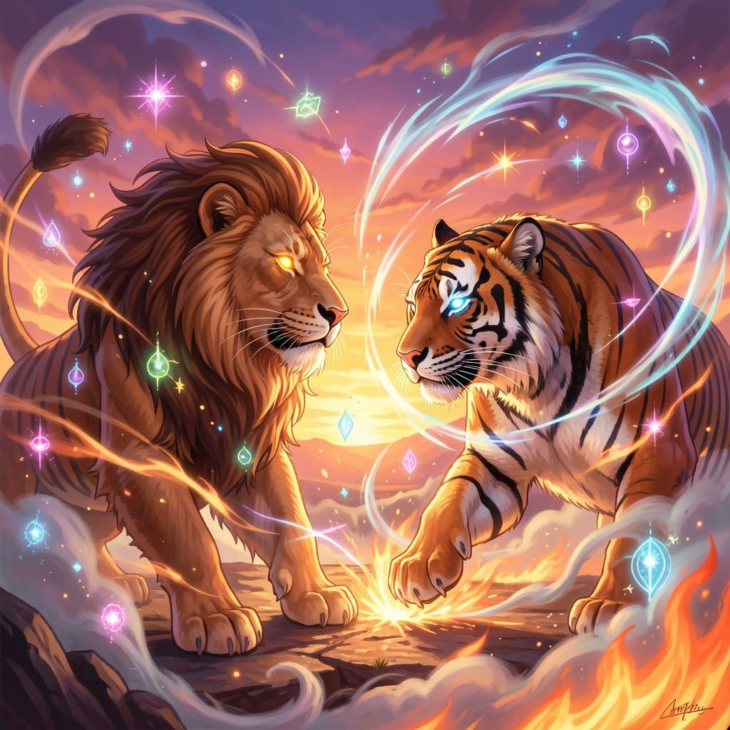 Epic Lion vs Tiger Showdown in Magical Fantasy Art