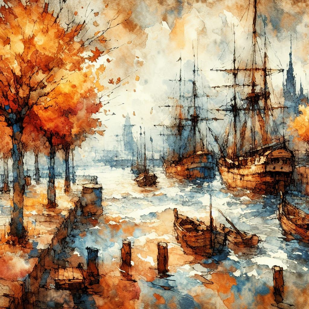 Kafkaesque autumn harbor scene, remnants of the past
 Van Gogh  watercolor  Watercolor painting  Ralph Steadman  Jeremy Mann  un_art_030  C...