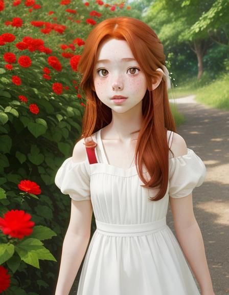 Auburn Haired Girl Picking Flowers in Anime Style