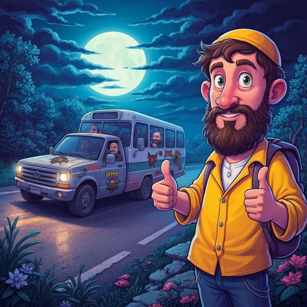 Yeshiva Boy Hitchhiking: Colorful Cartoon Art