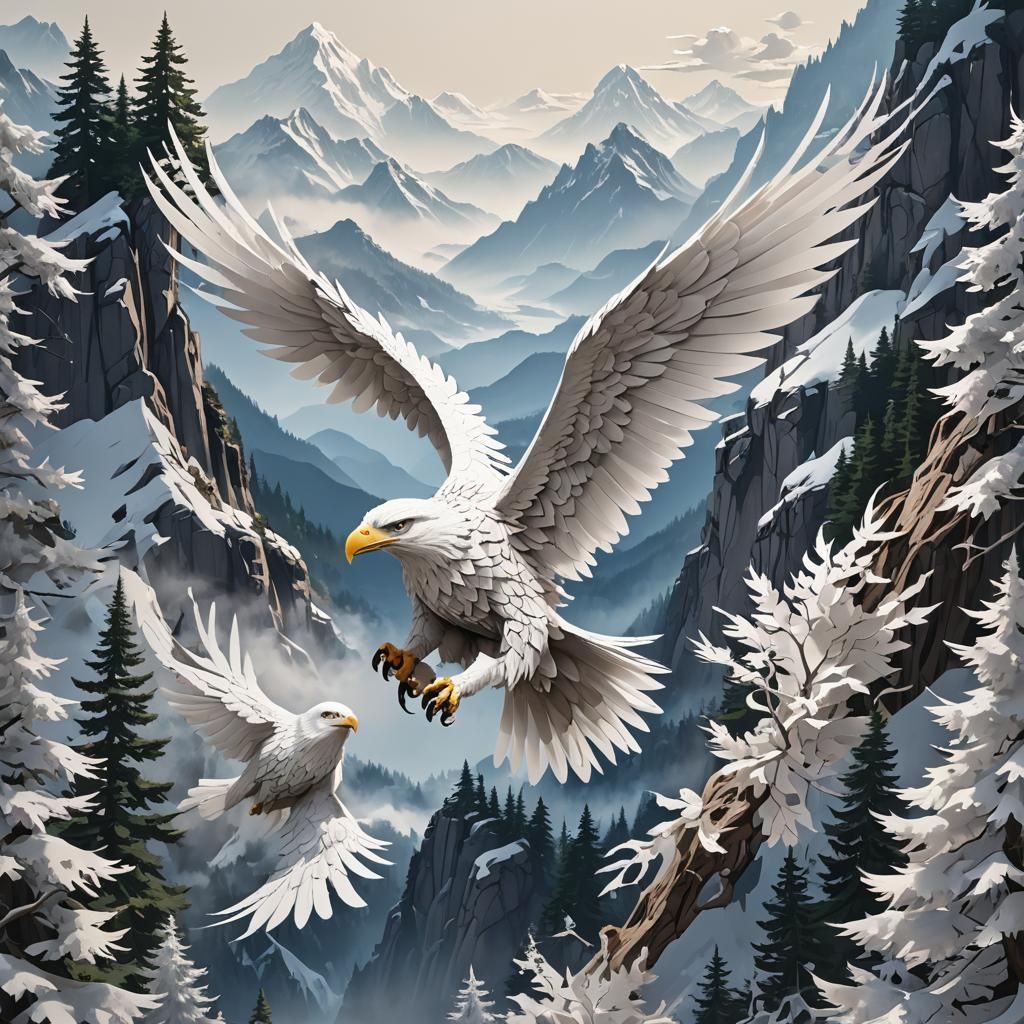 Prompt;  Scherenschnitte papercut design of a white eagle so...