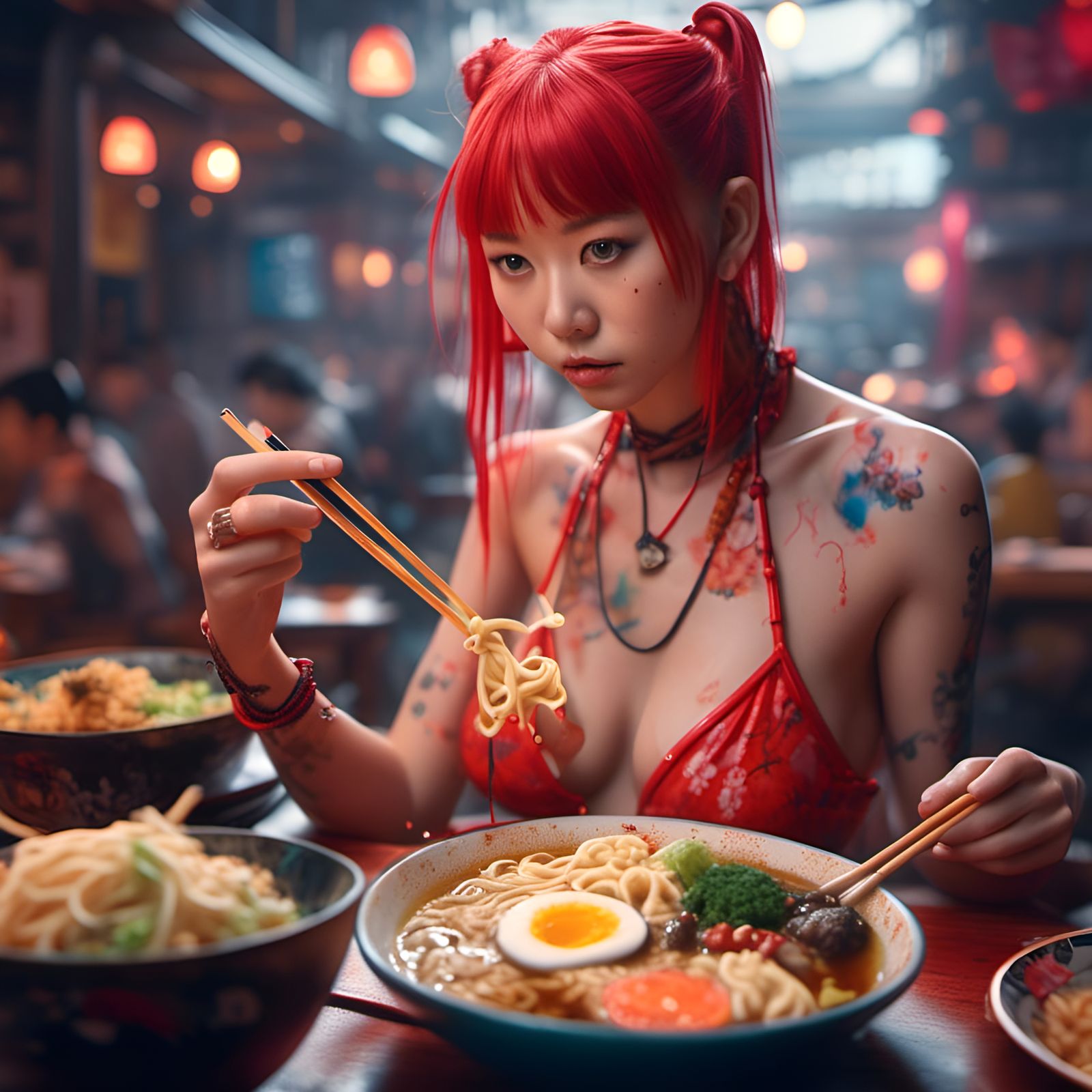 <lora:NC Hyperreal:1.0> A hot girl eats ramen in red bikini ...