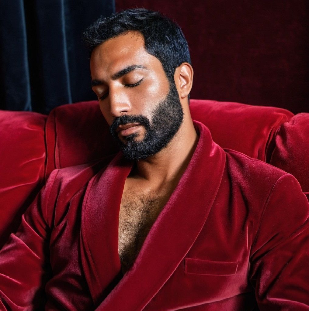Sleeping bearded man in red bathrobe