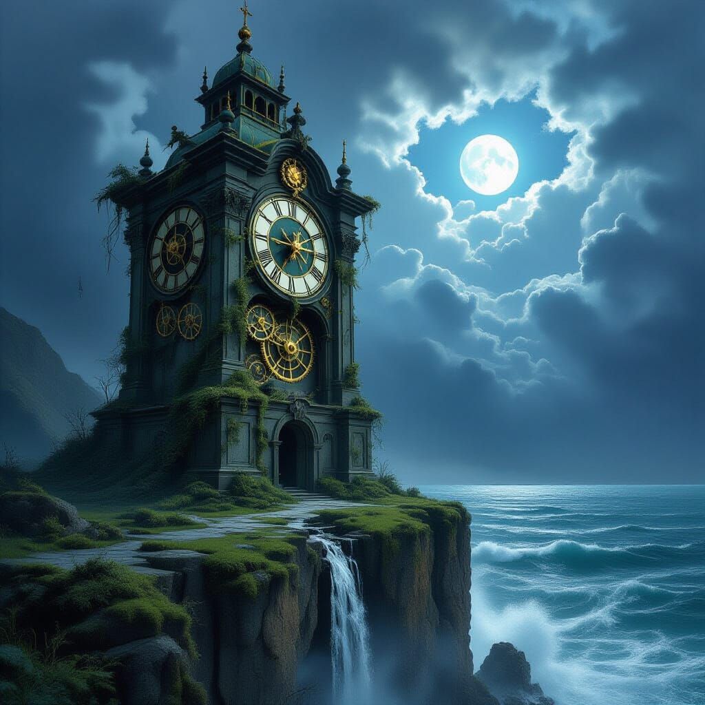 A colossal, ancient clock tower, overgrown with moss and vines, stands precariously on a cliff overlooking ...  by @Enjoyinglife