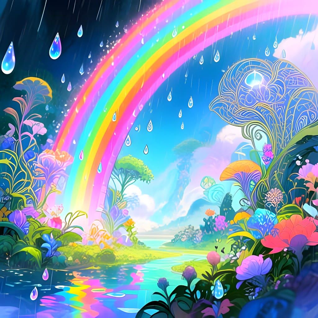 Kitschy fantasy painting of a rainbow over a fantasy realm with dreamy nature and sparkling raindrops reflecting the colors of the rainbow. ...