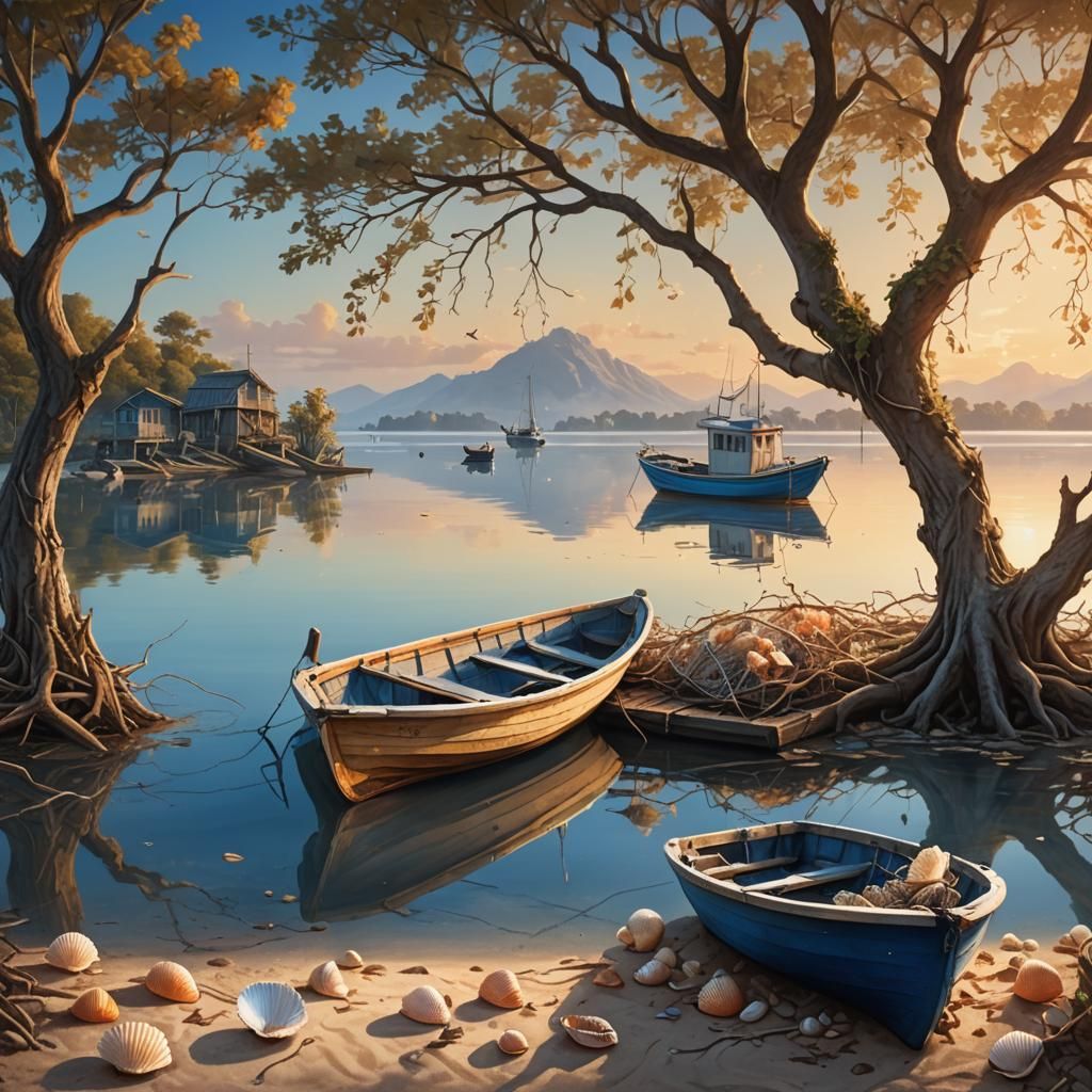 Create a hyperrealistic image of two small boats next to a tree without many leaves on the shore of a peaceful and serene lagoon under the s...