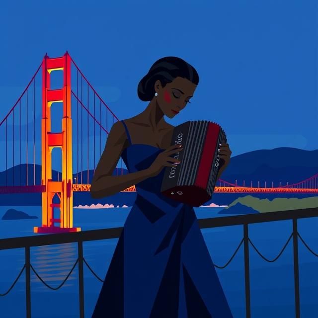 BLACK WOMAN WEARING A NAVY-BLUE EVENING DRESS PLAYING THE AC...