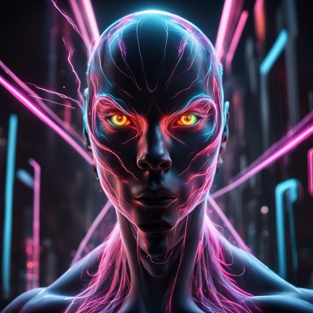 (digital creature bursts forth with human eyes, hyper speed with ...