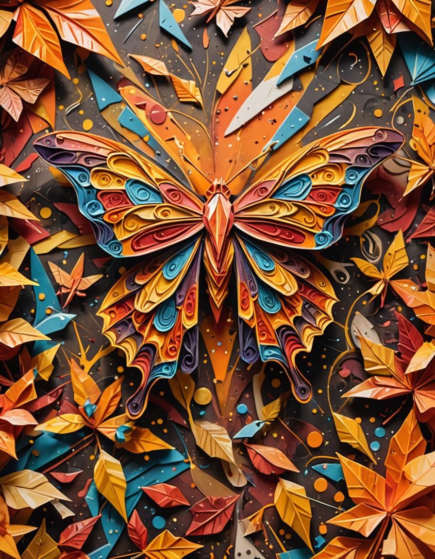 Autumn moth made of paper Origami paper folds papercraft, made of paper, stationery, 8K resolution 64 megapixels soft focus graffiti art, sp...