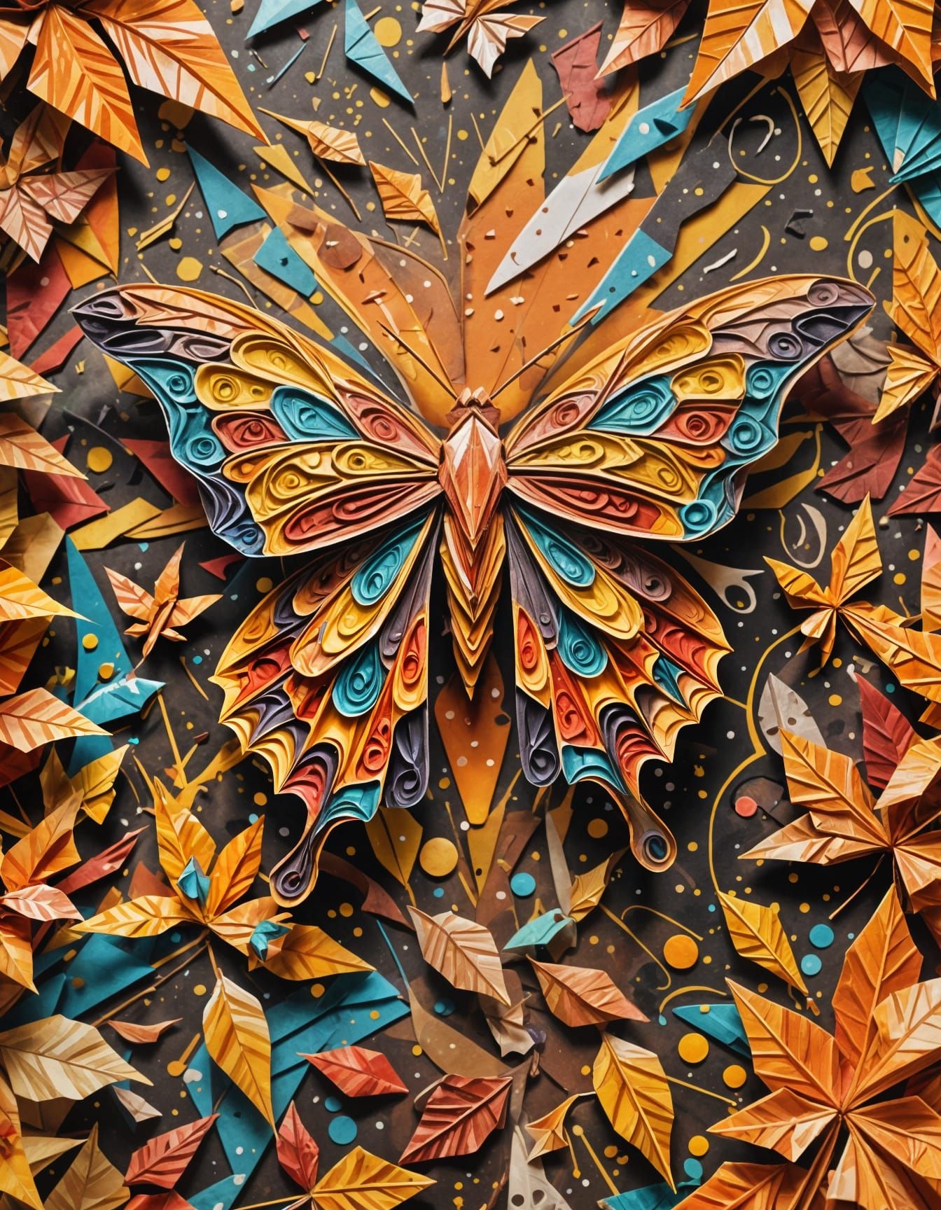 Autumn moth made of paper Origami paper folds papercraft, made of paper, stationery, 8K resolution 64 megapixels soft fo...