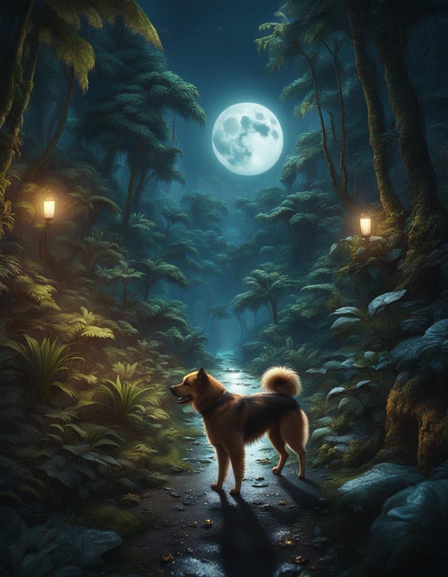 A dog is walking in moonlight night through jungle