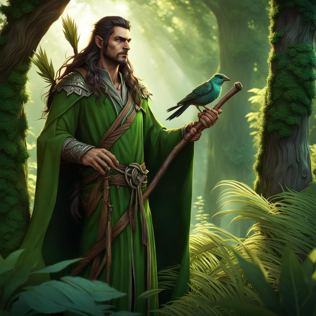 Half-elf druid with long brown hair with scratch scars on his arms ...