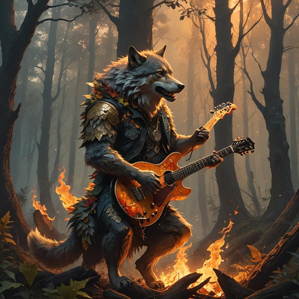Fiery Wolf Plays Guitar in Forest, Cinematic Art