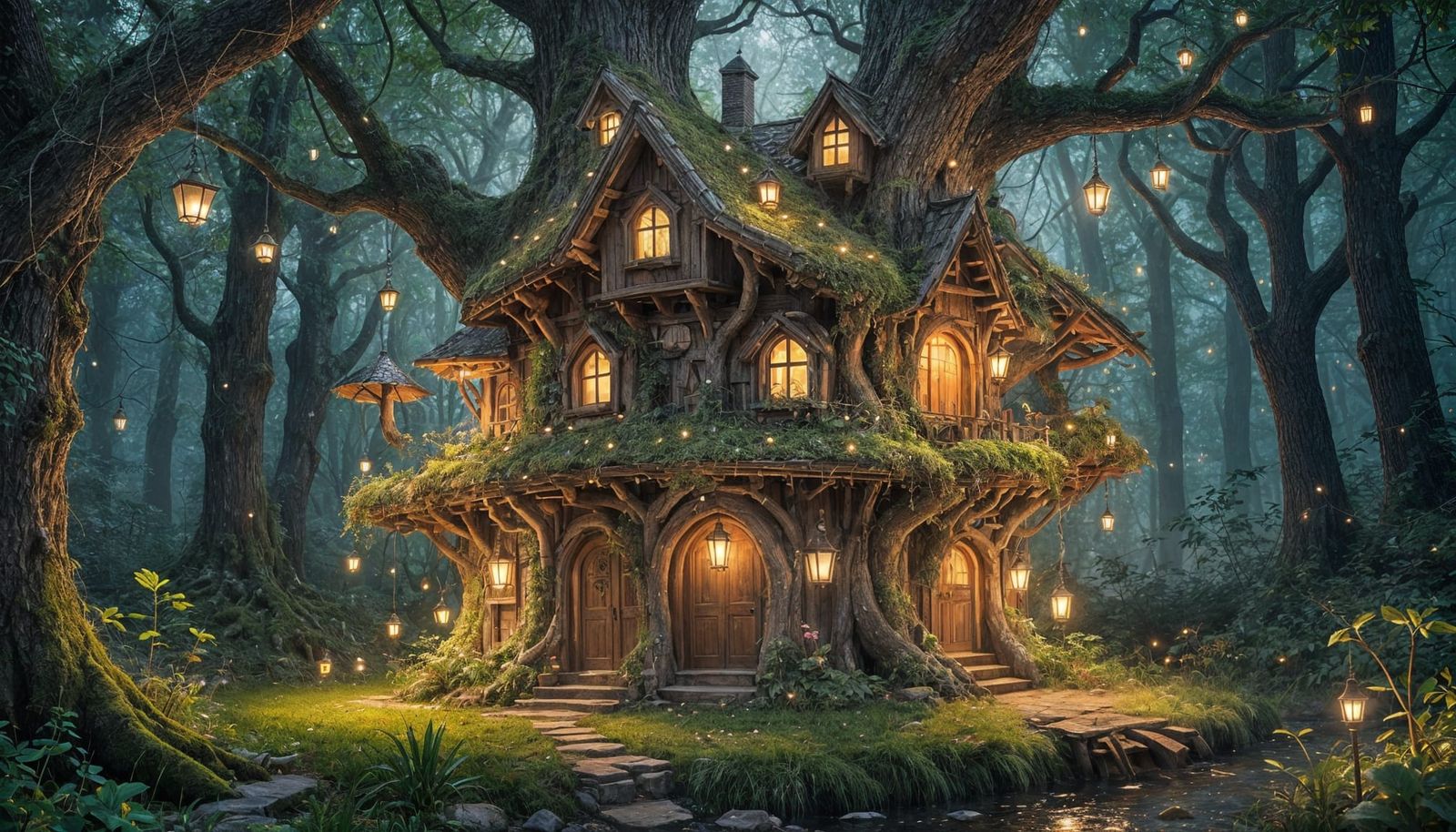 AA magical gnome house built inside a massive ancient tree trunk, featuring three levels with warm glowing ...  by @christian vichi