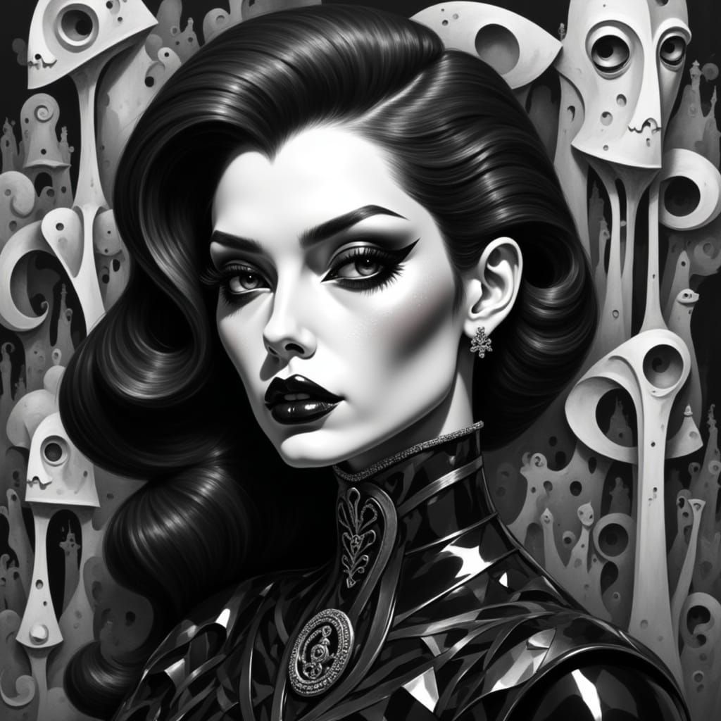 <lora:THE HOWLING:1.0> Beautiful vampire woman black and white