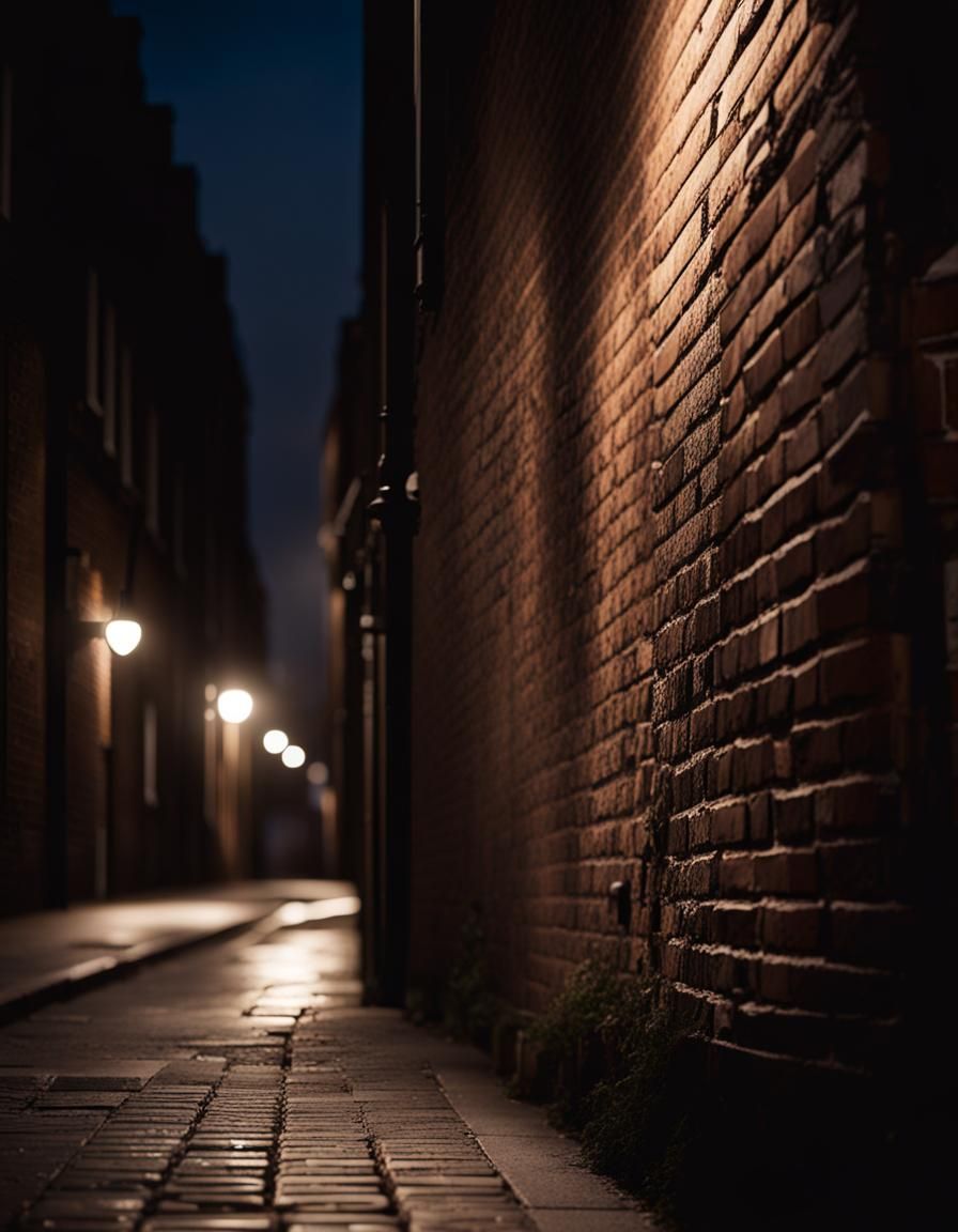 Late night, dark London street, brick wall, empty