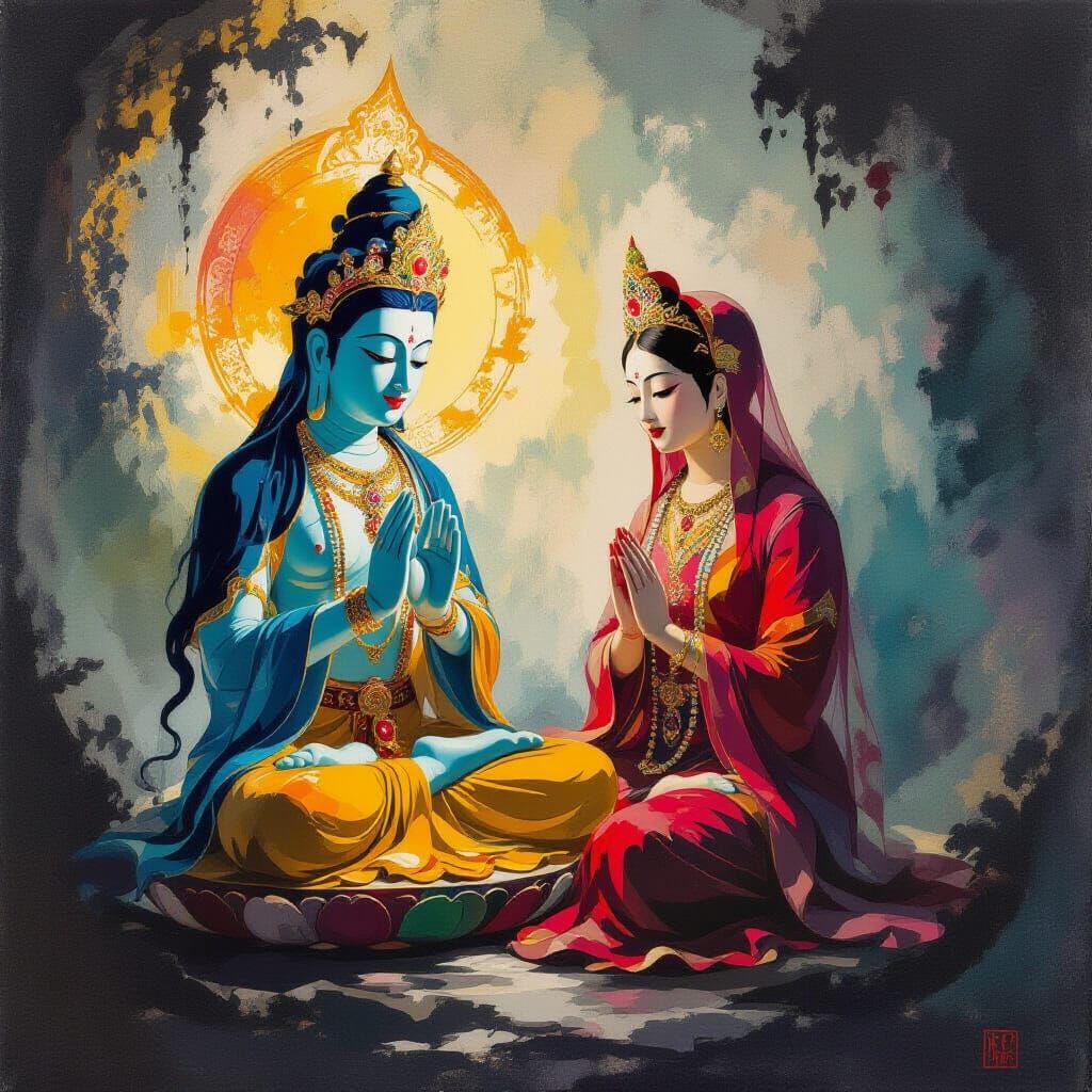 Ksitigarbha Bodhisattva & Holy Mother in Expressive Gouache ...