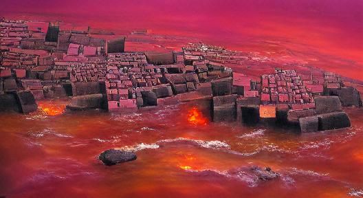 Ruins of a modern city partially submerged in lava, which bu...