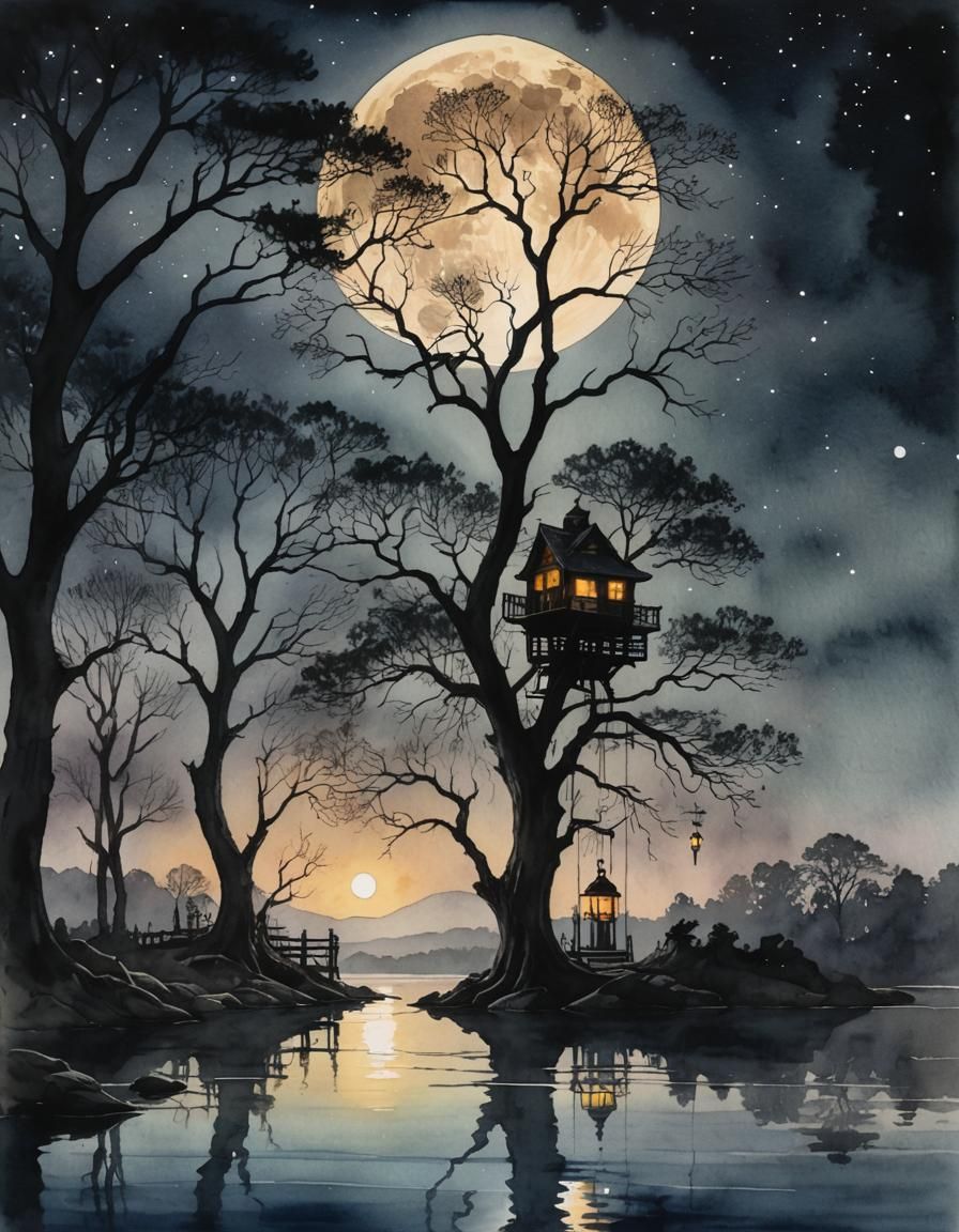 Spooky lakeside treehouse