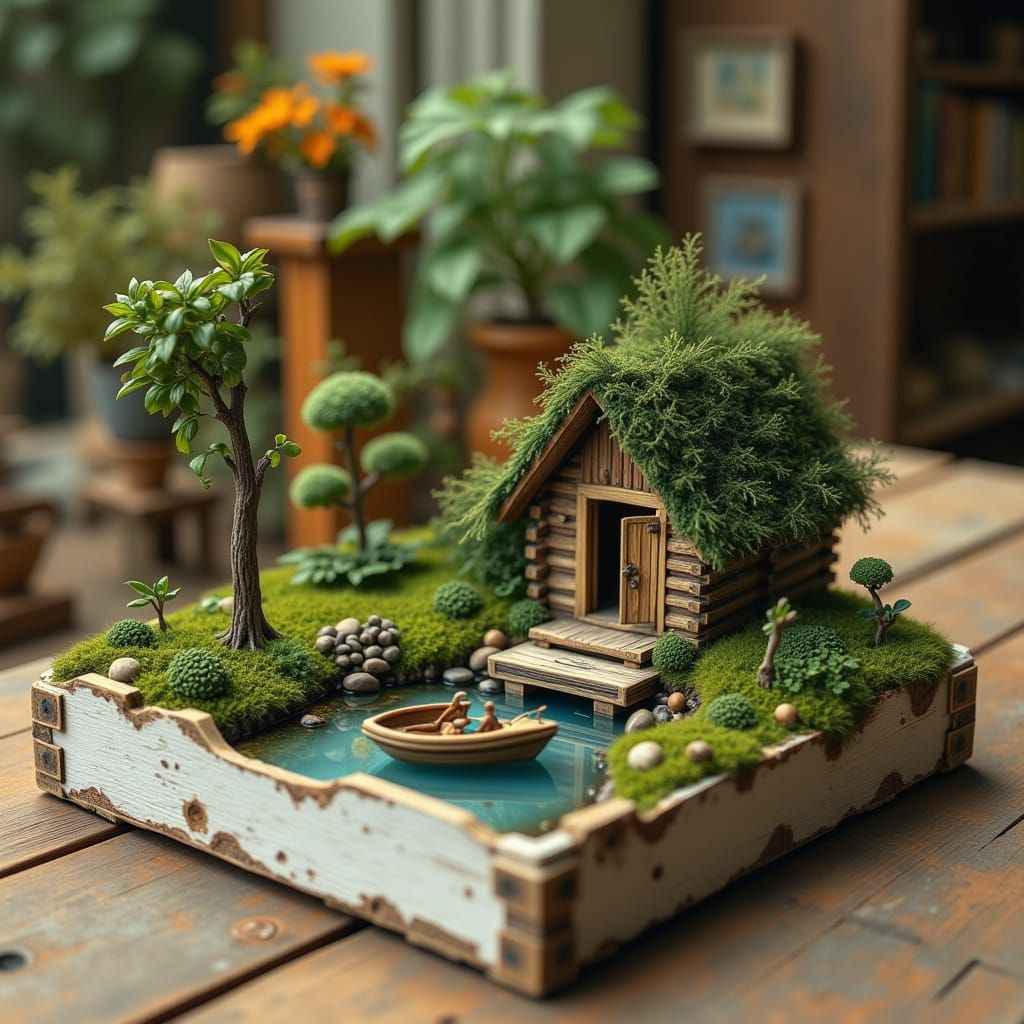 <lora:tavoletta:1.0> on the kitchen table on an aged white wooden tray microcosm forest hut near the lake with a boat