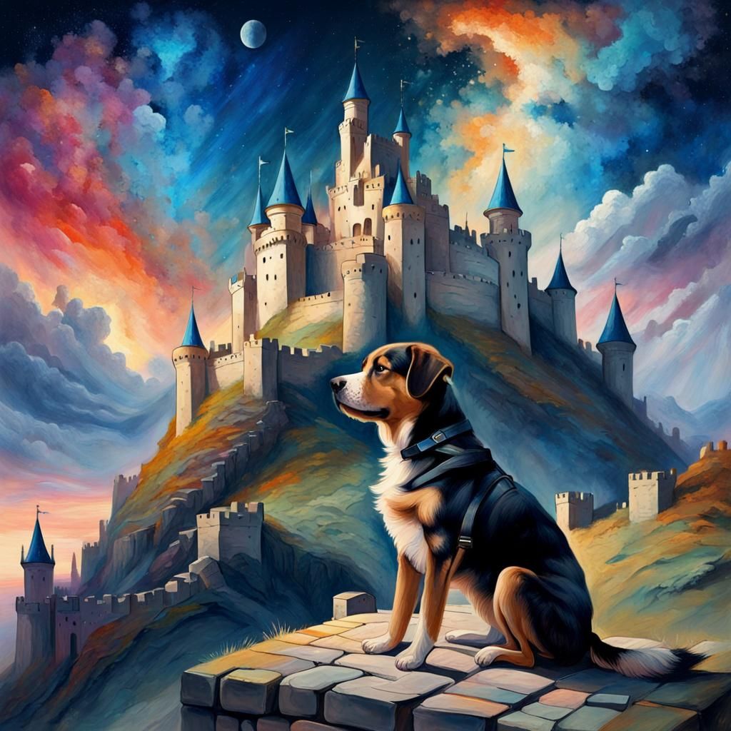 a painting with a dog sitting on a castle, in the style of cosmic