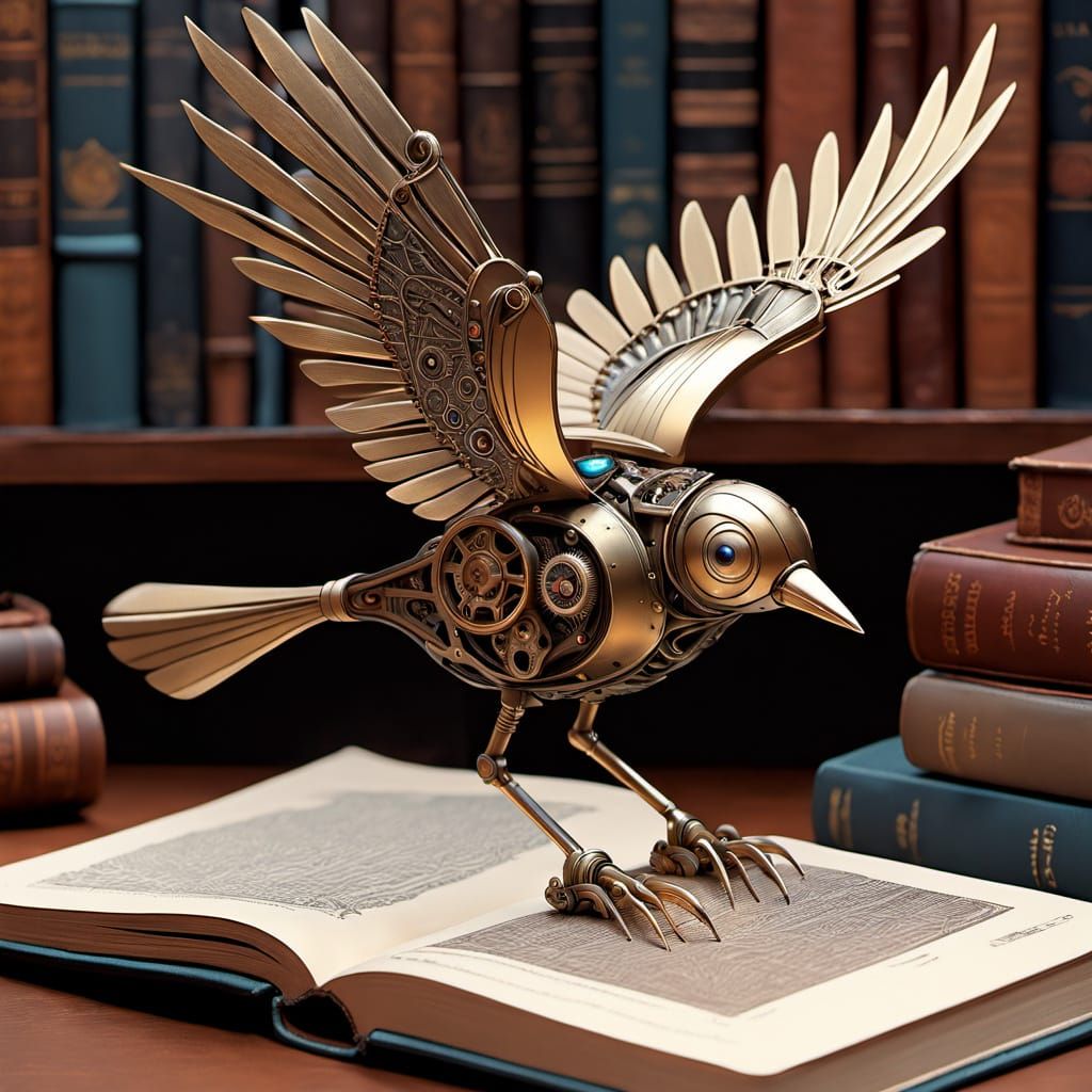 A surreal steampunk mechanical bird