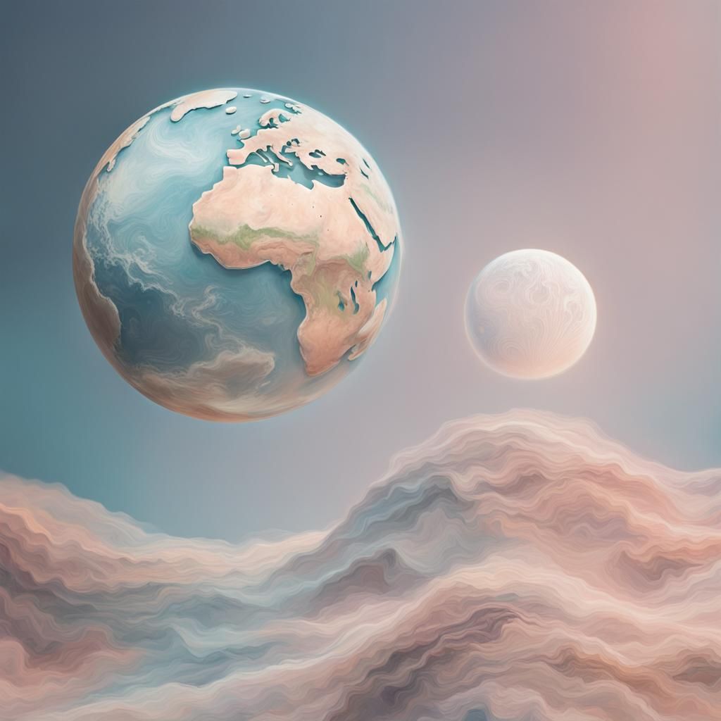 A dreamy whimsical picture of planet earth and the moon in pale pastel shades. post-impressionism acrylic ...  by @Majica Alvarez Sanchez