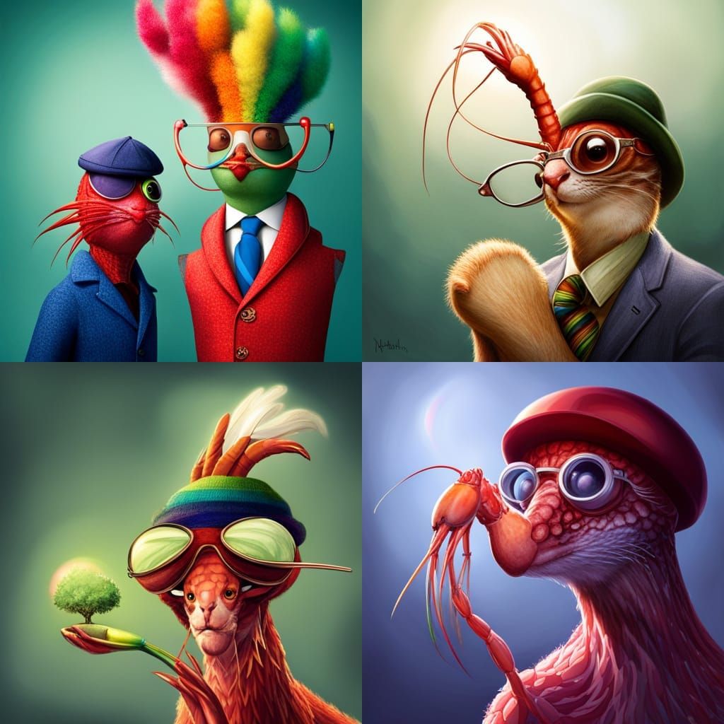 A rainbow prawn with glasses and a hat, his name is Ferris a...