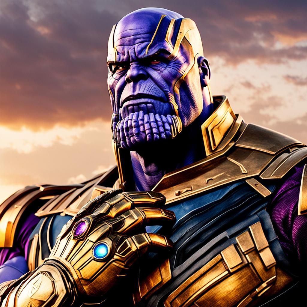 Marvel character Thanos, wearing the infamous Infinity Gauntlet ...