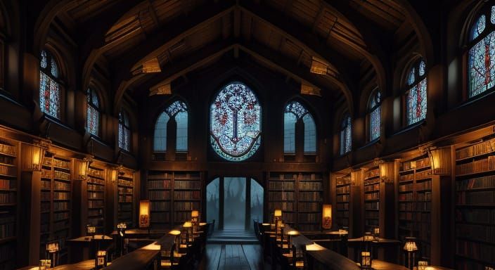 Library interior at midnight