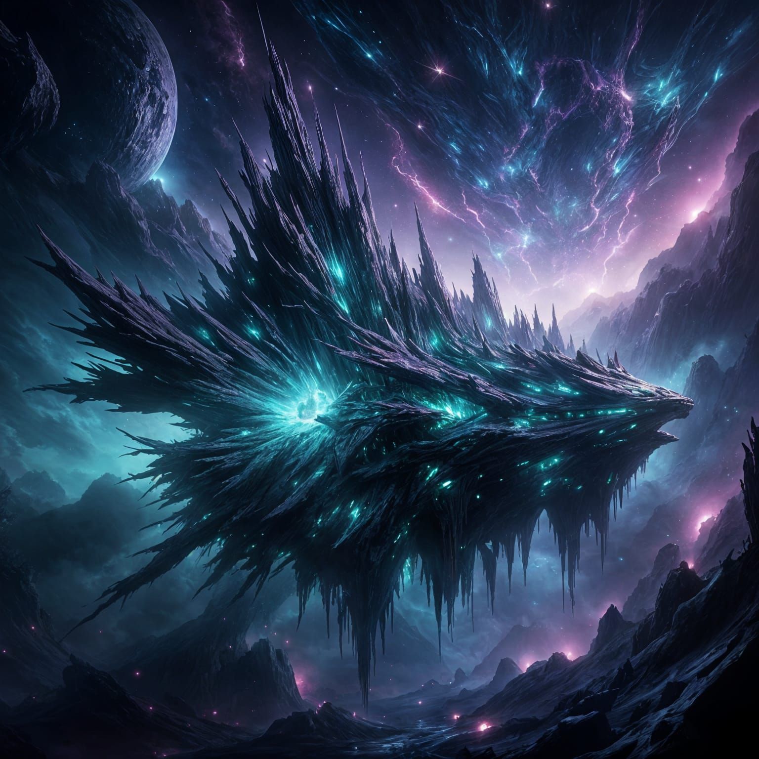 A colossal, ancient spaceship, overgrown with bioluminescent alien flora, drifts silently through a nebula painted with hues of deep violet ...