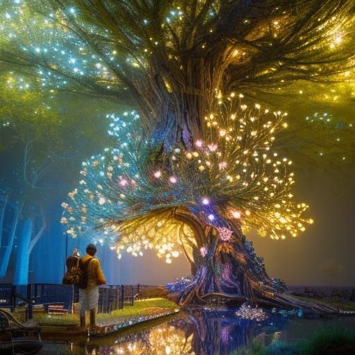 a cute hyperdetailed realistic "magic tree" made of wood and...