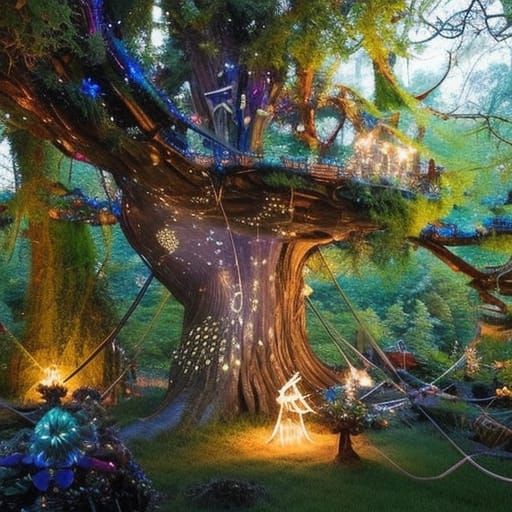 a cute hyperdetailed realistic "magic tree" made of wood and...