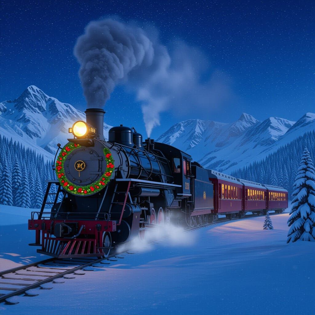 A grand, old-fashioned steam train, adorned with festive garlands, traverses a snow-covered mountain ...  by @Claudia Cecilia 