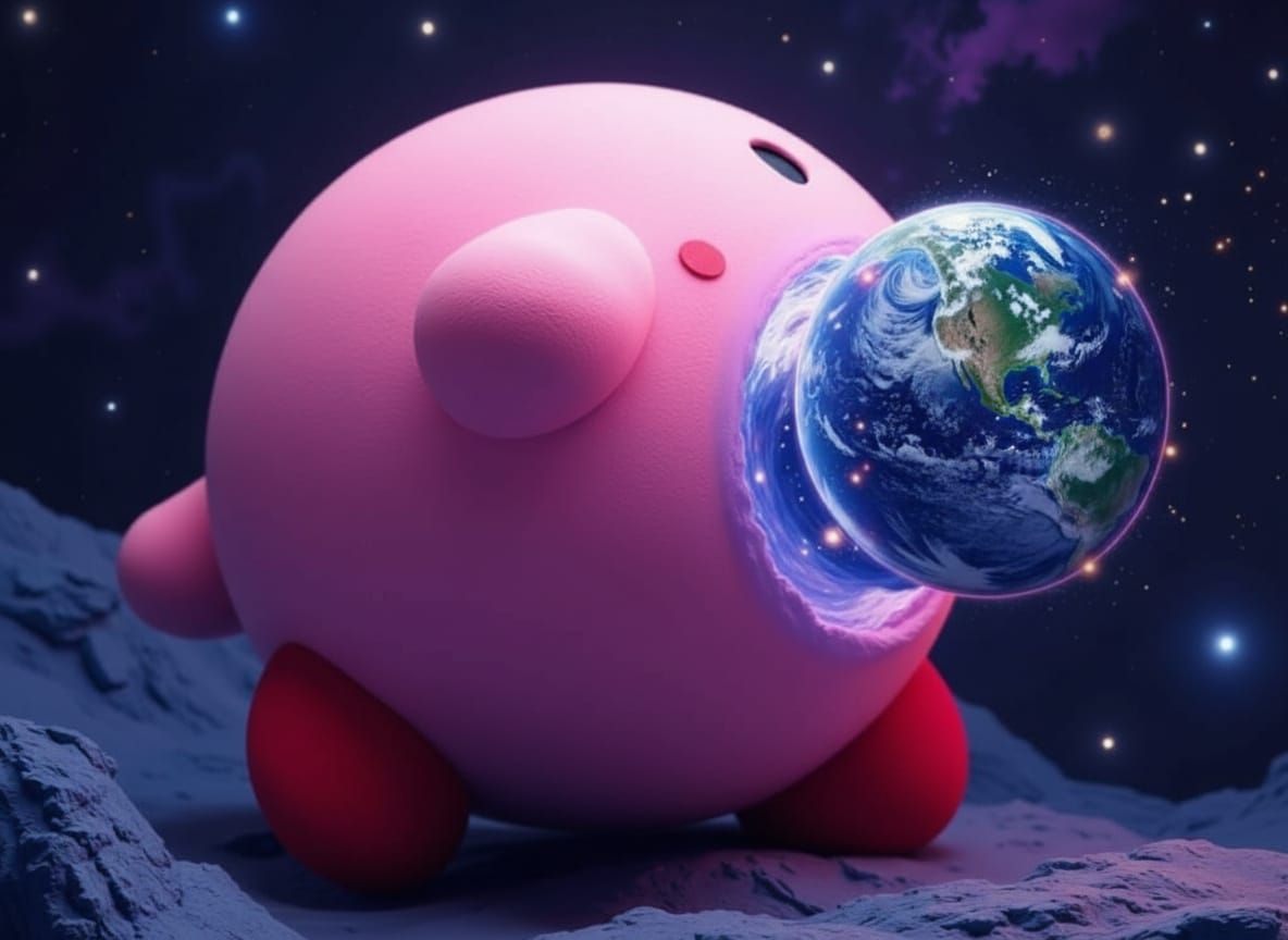 Kirby the big pink puff ball  from the video game back facing,  sucking the whole earth in space along with all the planets and the stars in...