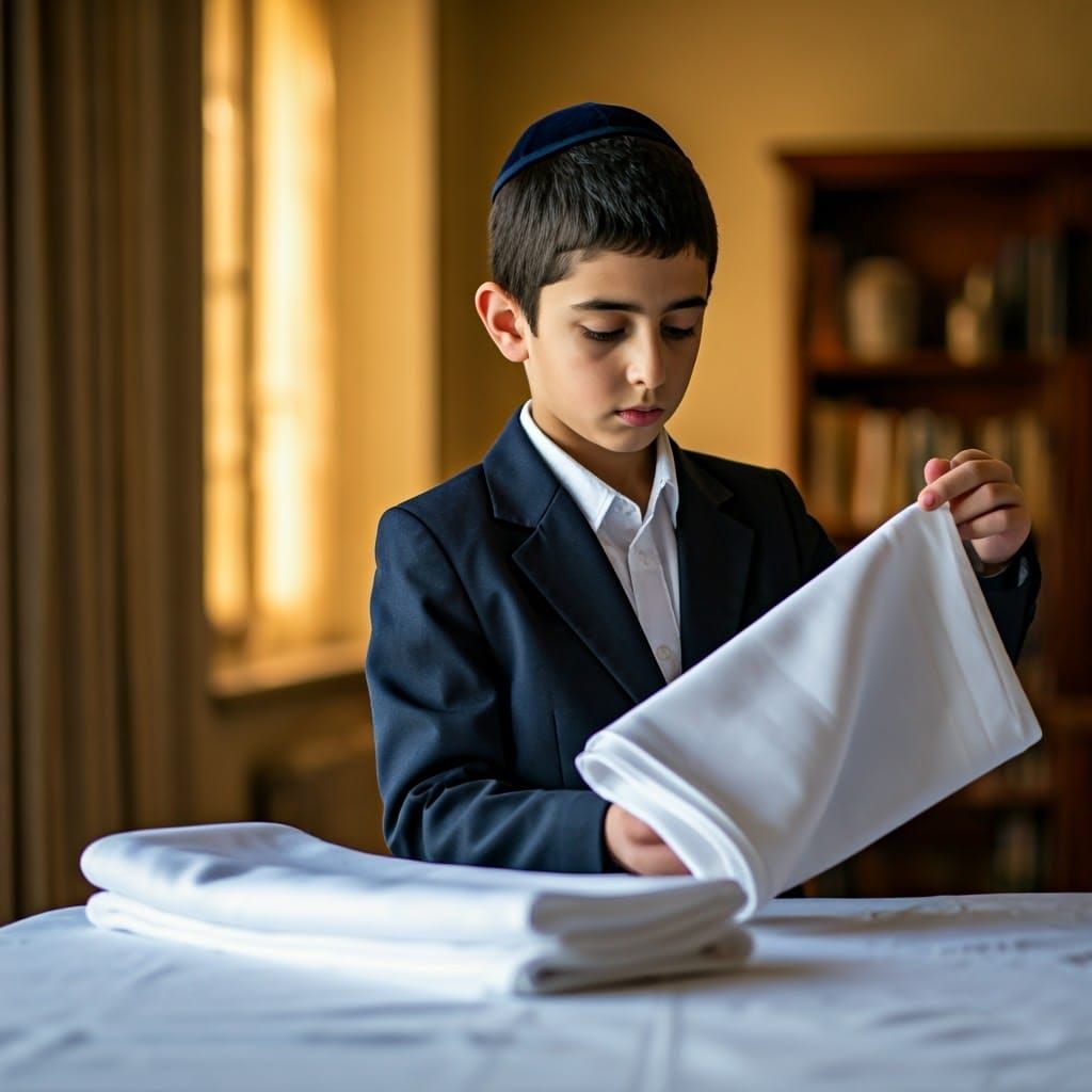 Orthodox Jewish Boy Prepares Shabbat Table with Care