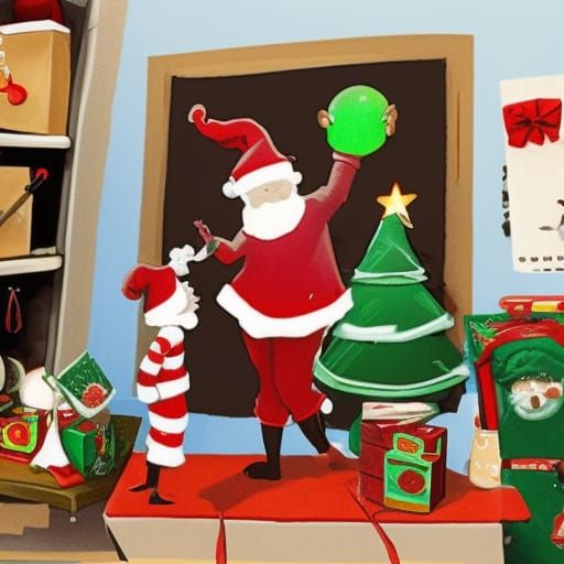 Santas workshop, just before Christmas, 5 elves are busy at work on toys and gifts. There are blueprints on the walls, a...