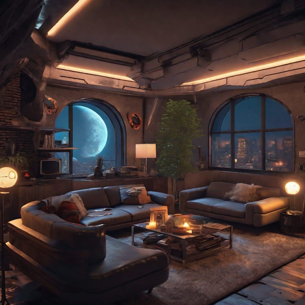 A cozy and charming cyberpunk living room in a 1 bedroom apartment on the Moon. Night time. European architectural influ...