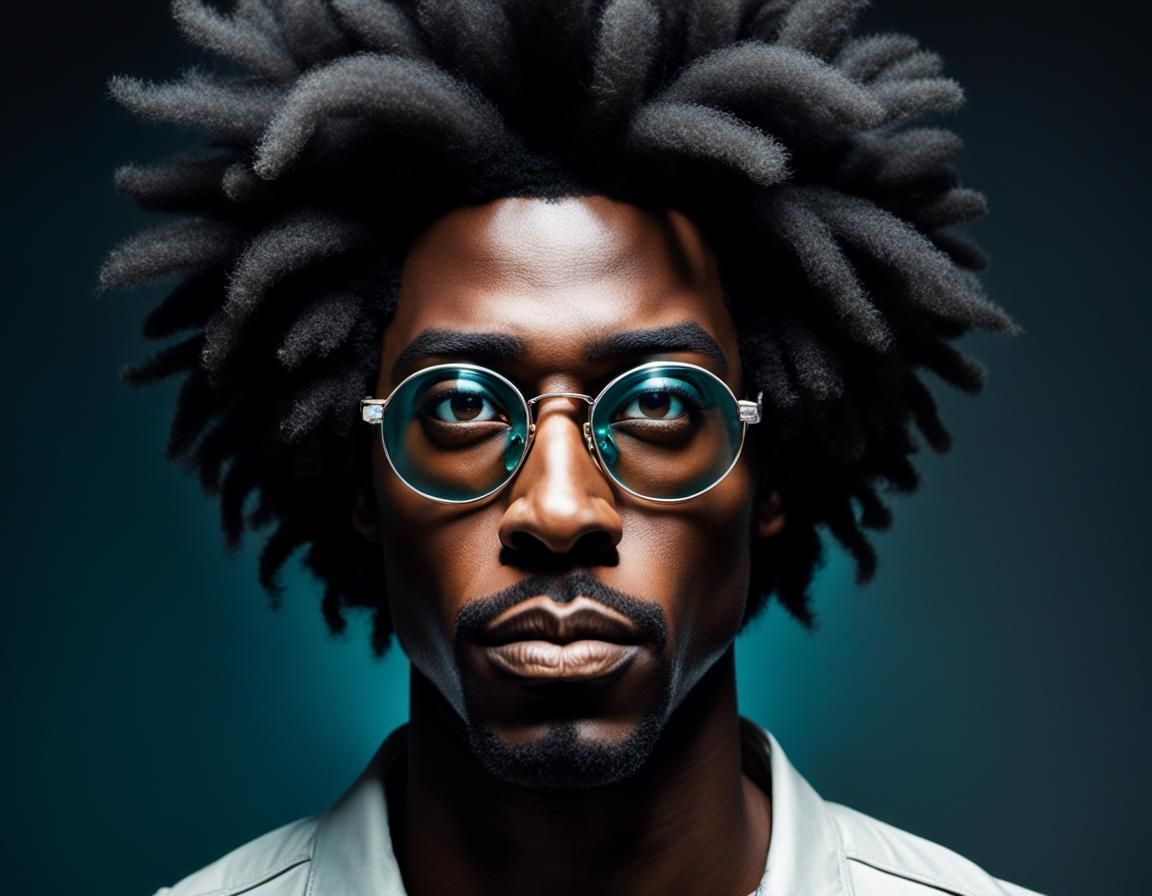 close-up of a young black man looking down his nose, holding...