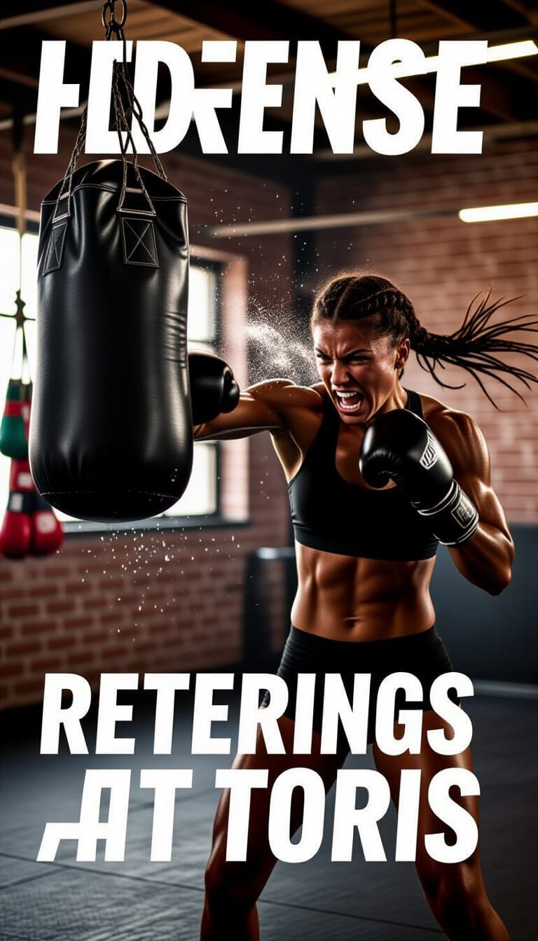 A fierce athletic woman aggressively punches a heavy punching bag in a gritty gym environment, sweat flying in all directions from the speed...
