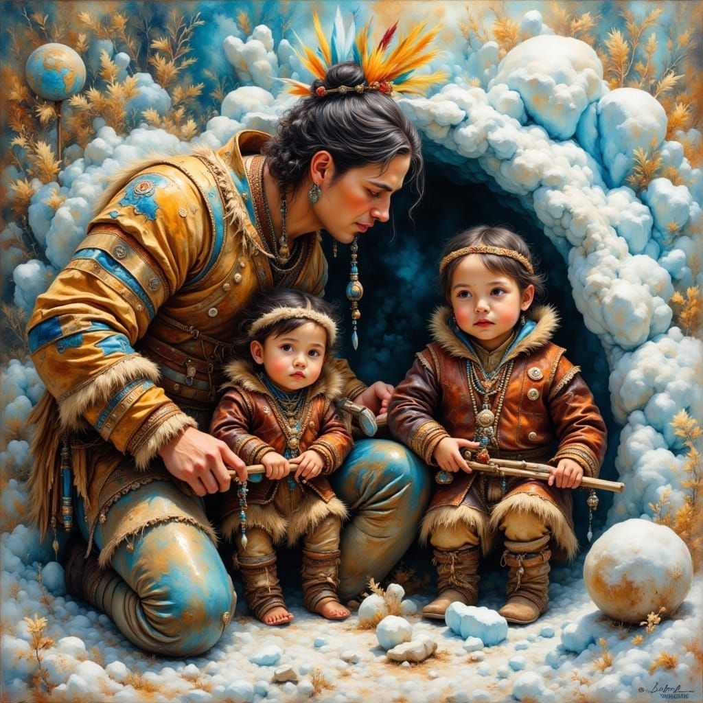 Impasto Oil Painting of Family Building Igloo in Alaska